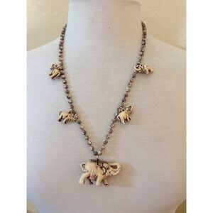 Vintage Style Carved Elephant Charm Necklace Cream Beaded Rose Detail 24 Inch